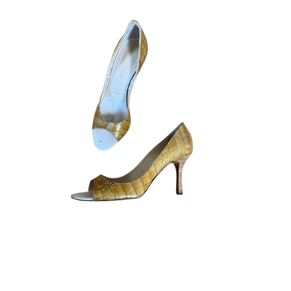 St. John canary yellow/gold croc embossed open toe high heels